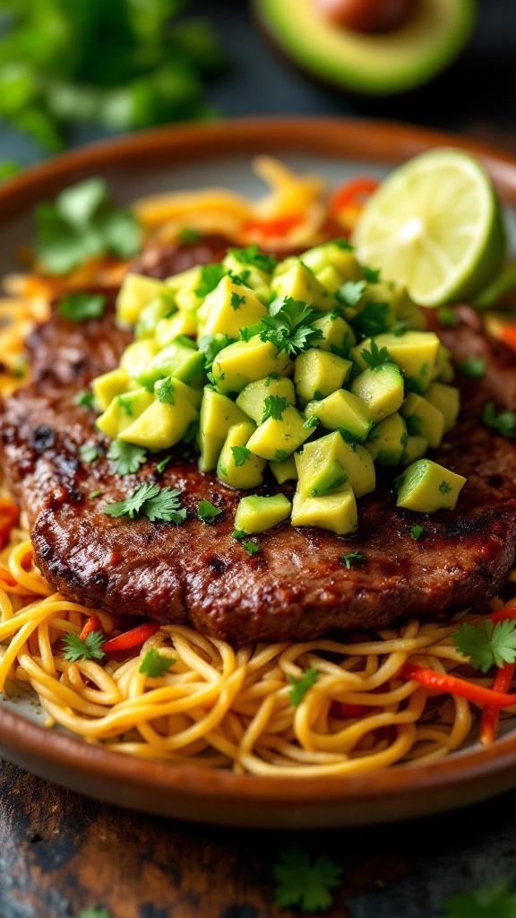 A plate of spicy chipotle steak topped with avocado salsa, served over noodles with lime and cilantro garnishes.