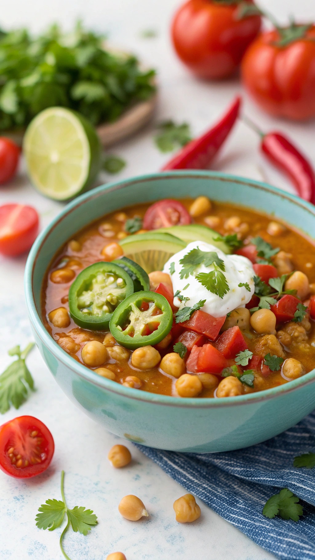 A bowl of spicy detox soup with chickpeas, tomatoes, jalapeños, and cilantro, garnished with sour cream and lime.