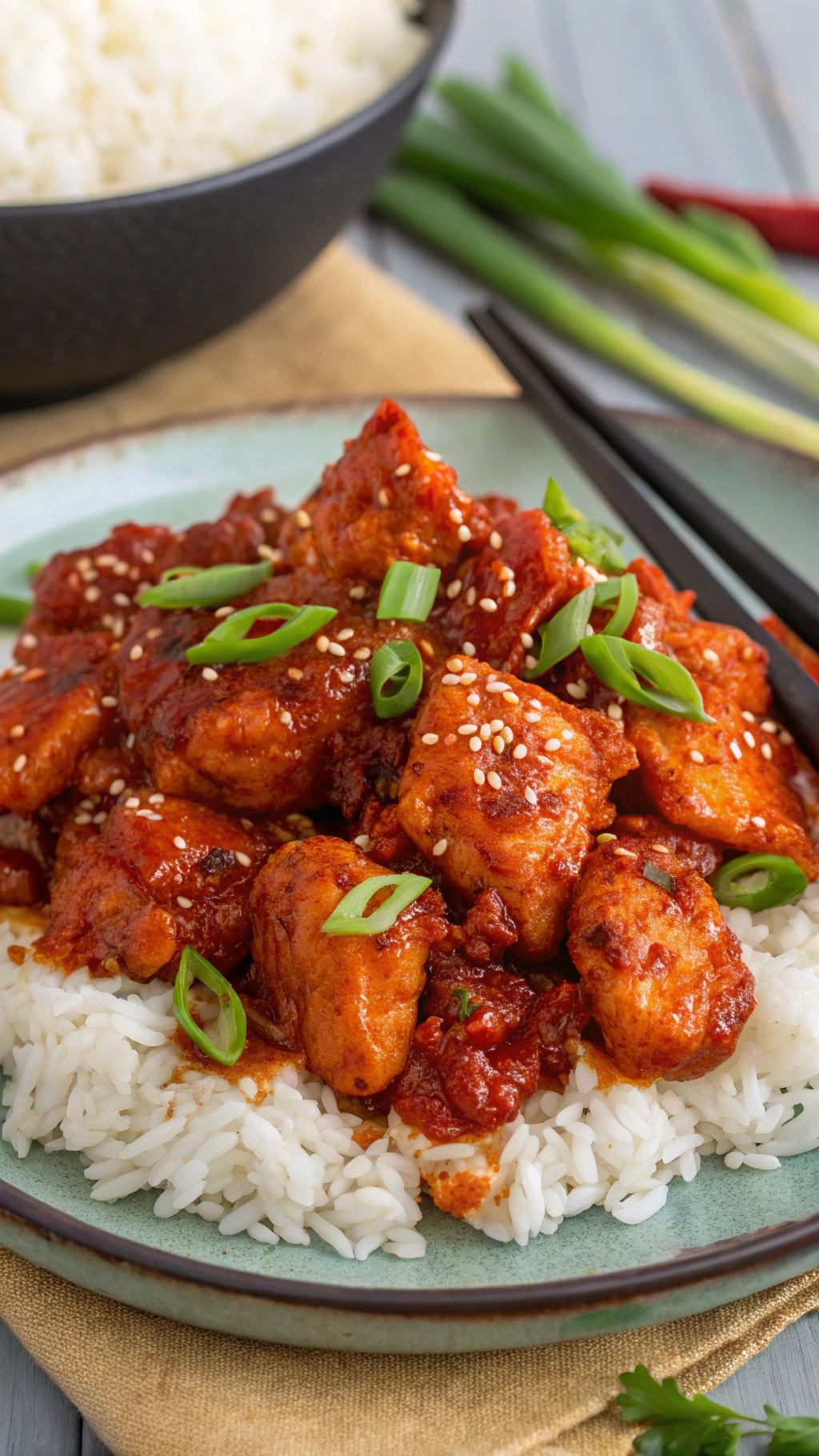 A plate of spicy garlic Sriracha chicken served over rice, garnished with green onions and sesame seeds.