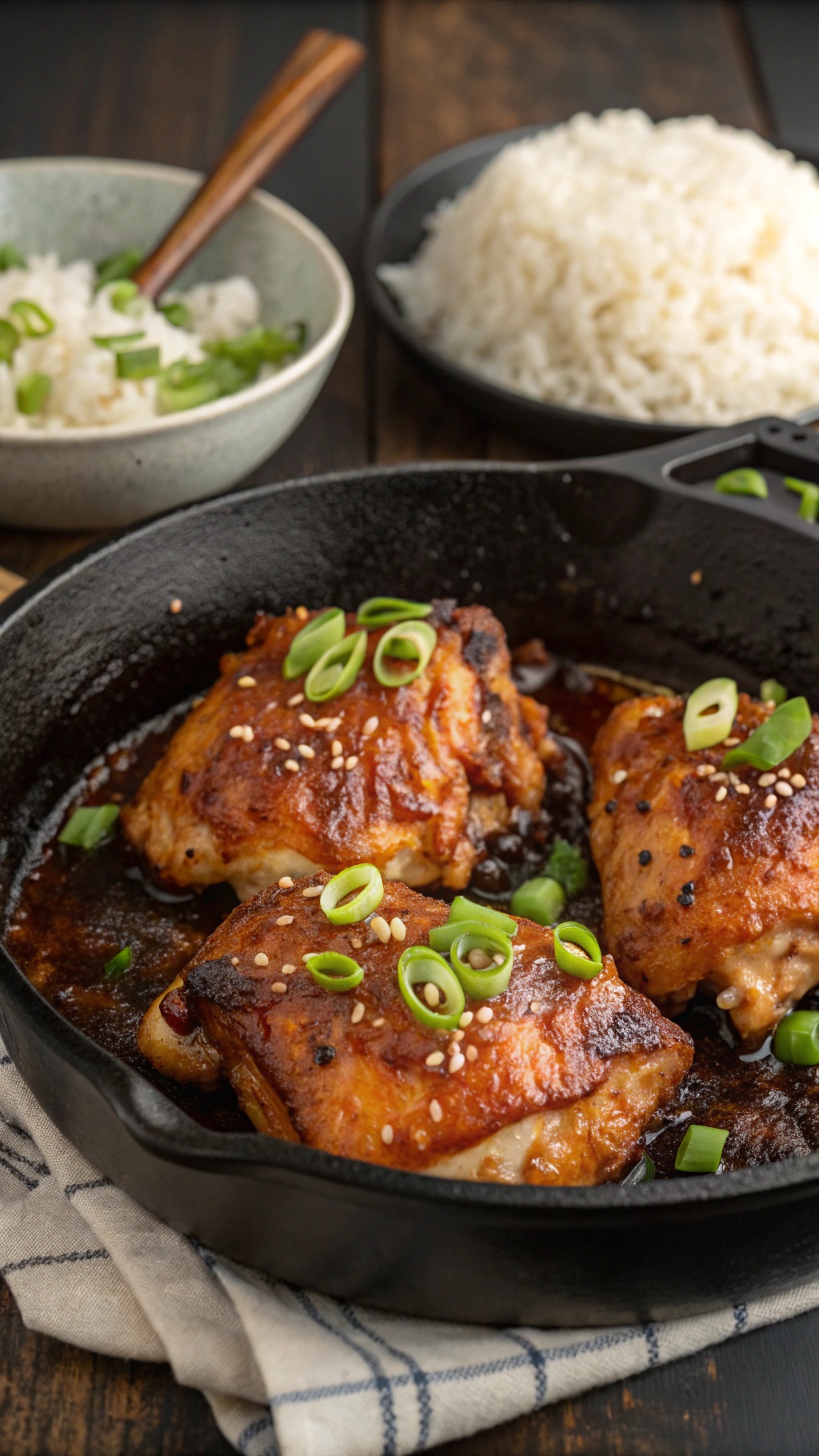 Spicy Honey Garlic Chicken Thighs in a skillet with rice and green onions