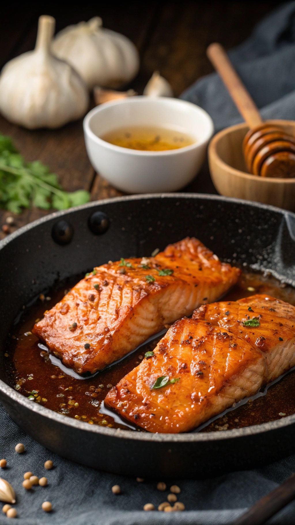 Delicious spicy honey garlic salmon fillets in a skillet with garlic and honey sauce.