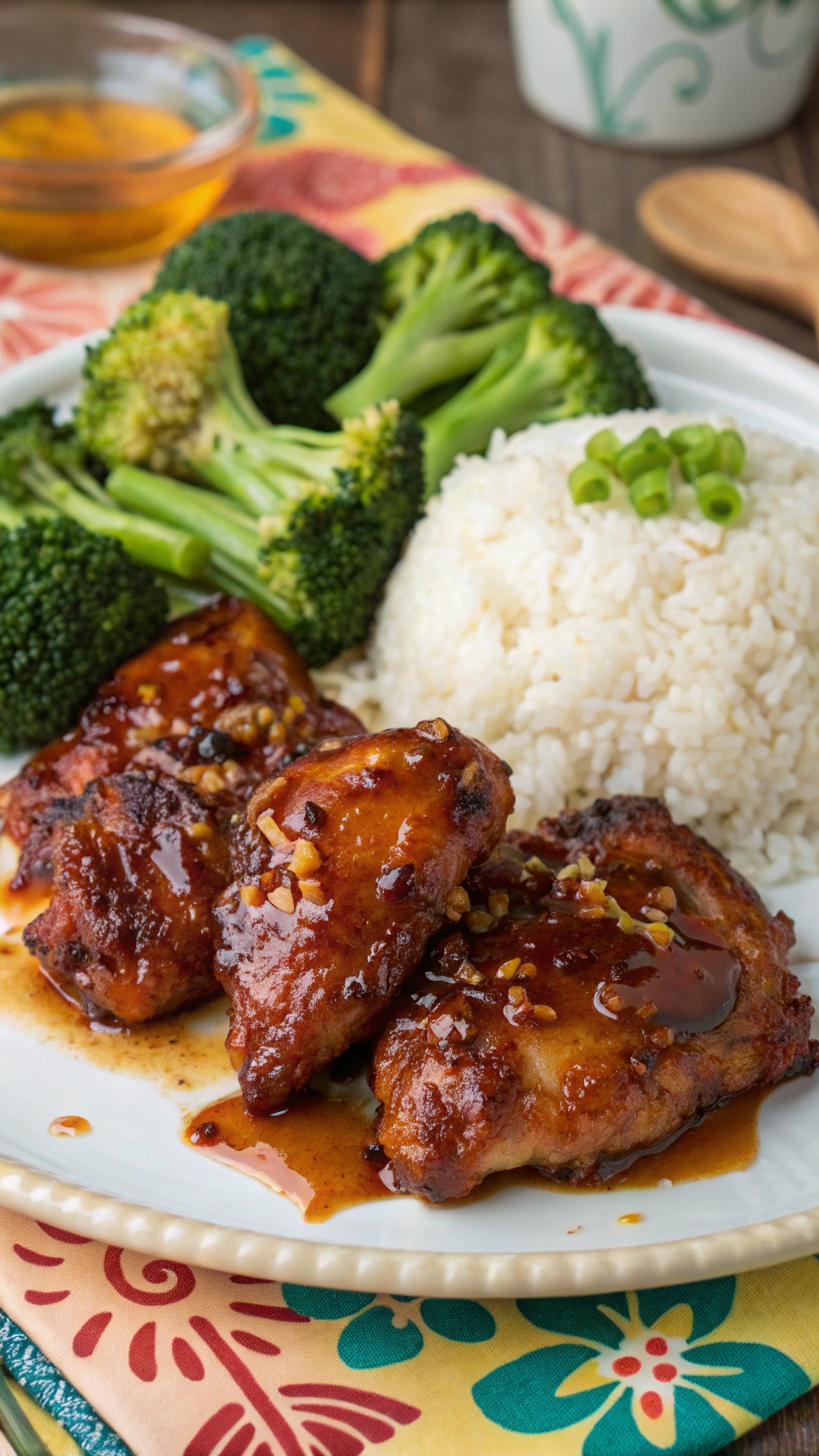 Spicy Honey Glazed Chicken Thighs served with rice and broccoli