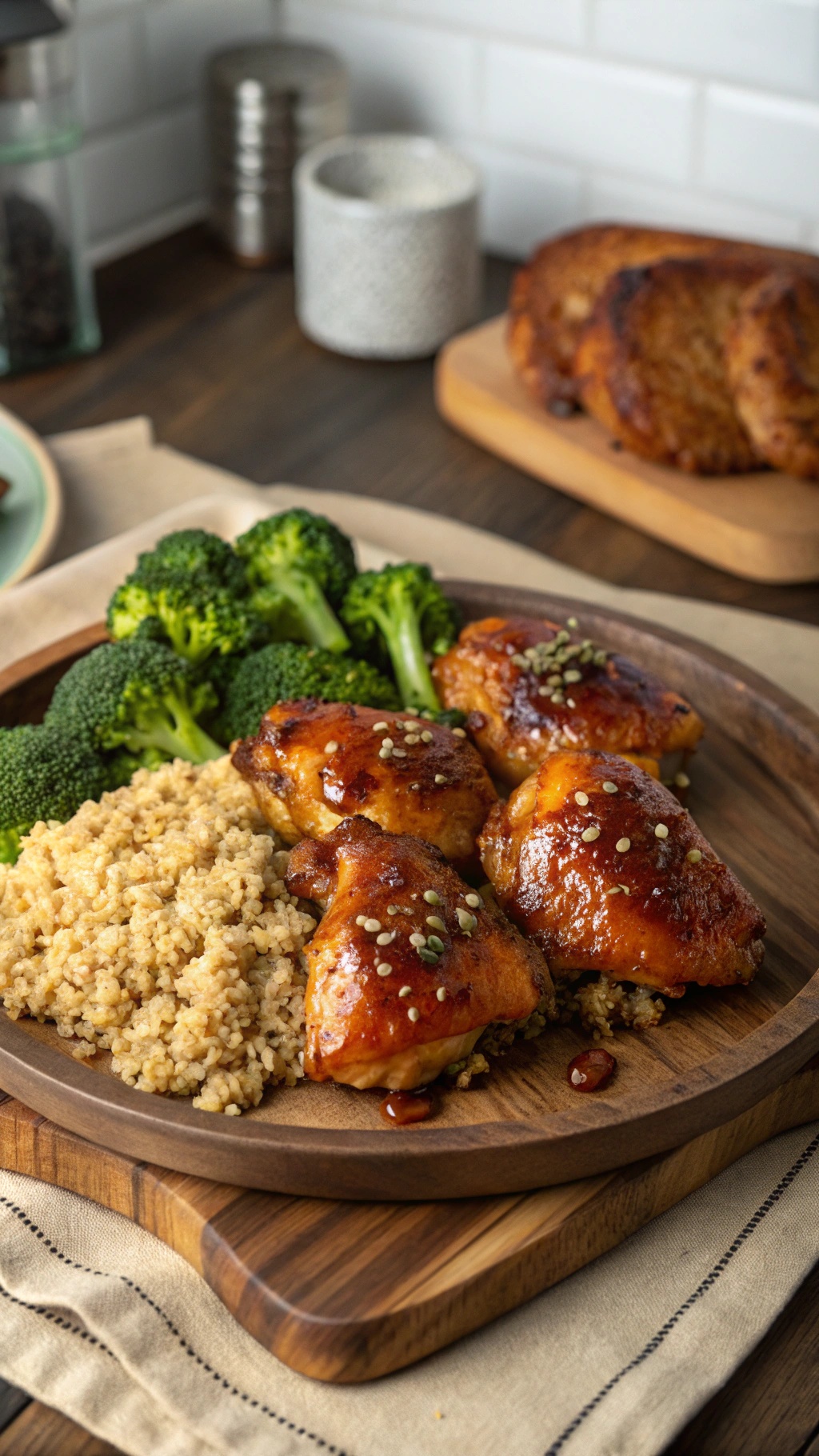 Spicy honey mustard chicken thighs served with quinoa and broccoli on a wooden plate.