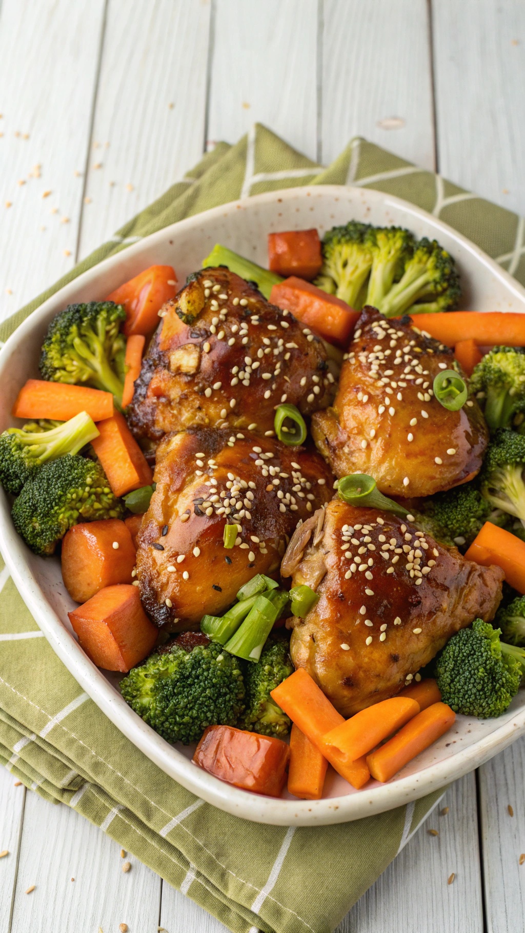 A dish of spicy honey mustard chicken thighs with broccoli and carrots.