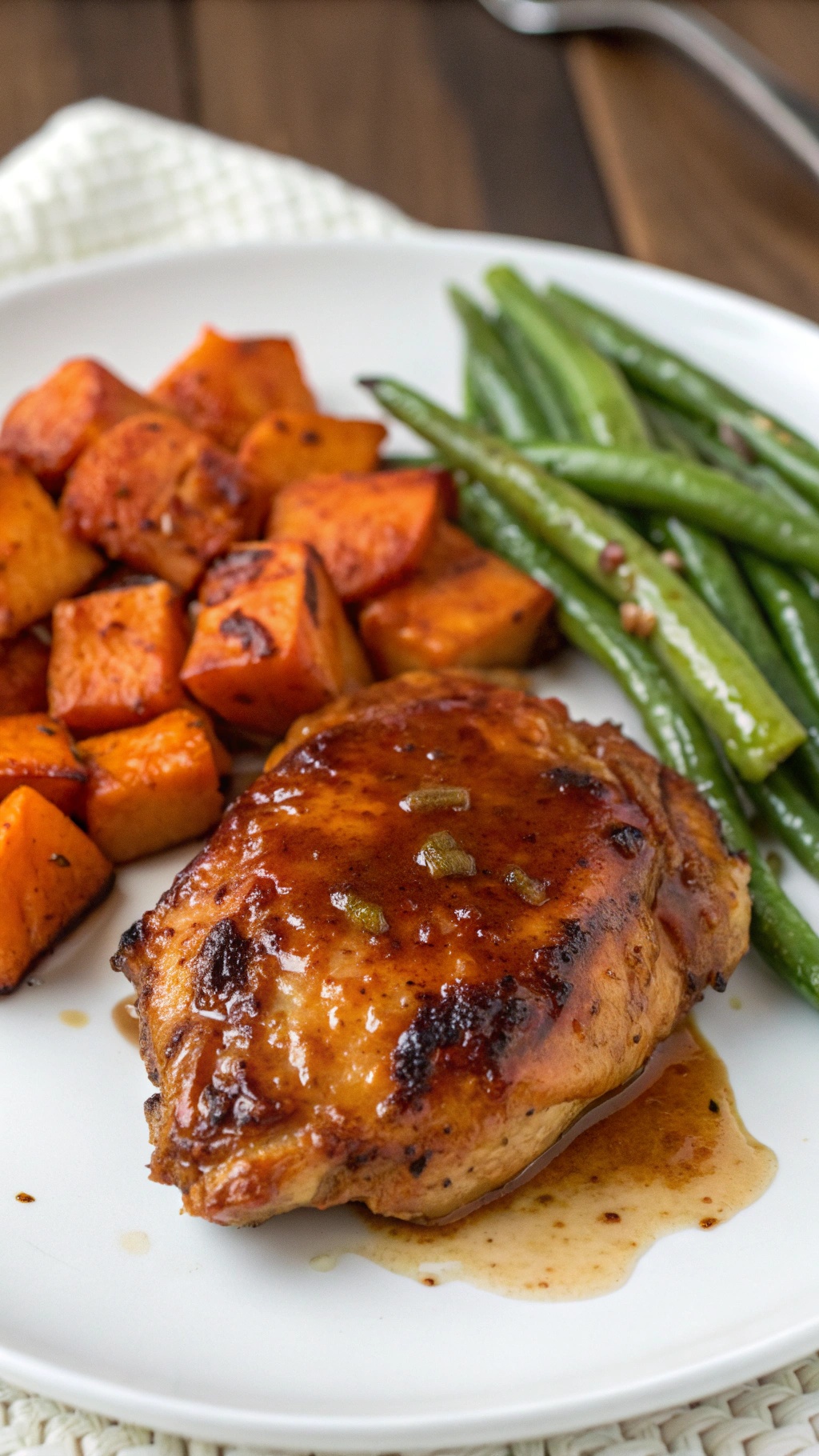 A plate of spicy honey mustard chicken thighs served with roasted sweet potatoes and green beans.