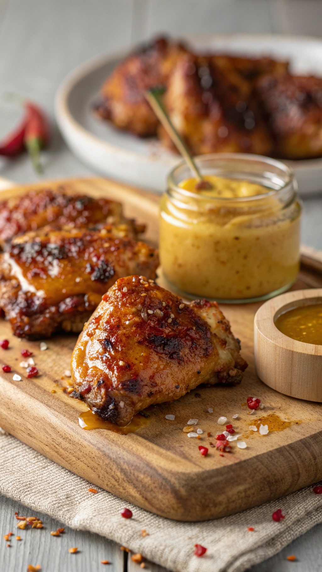 Spicy honey mustard chicken thighs on a wooden board with honey mustard sauce