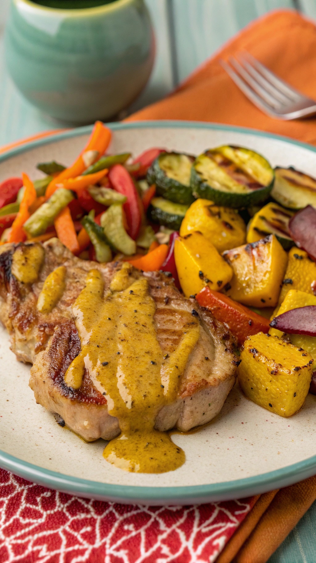 Grilled pork chops with honey mustard sauce served with colorful vegetables