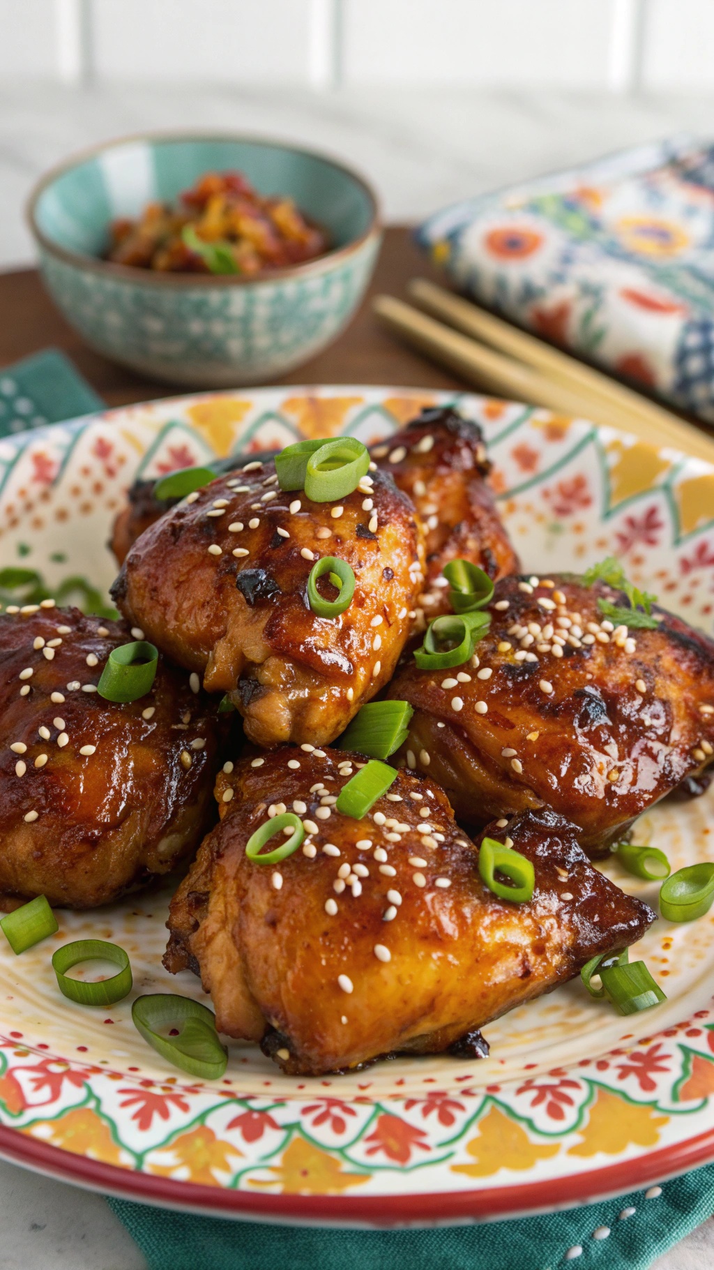 Spicy honey soy glazed chicken thighs garnished with green onions and sesame seeds on a colorful plate.