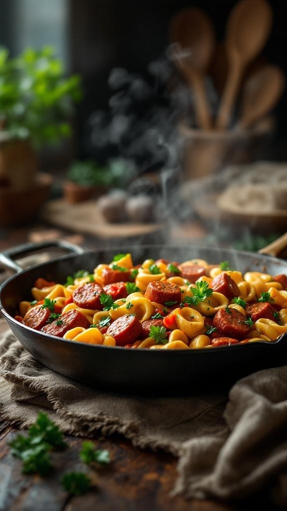 A skillet filled with spicy Italian sausage, tortellini, and fresh herbs, steaming and ready to serve.