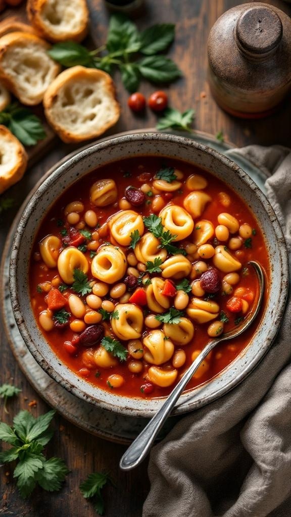 A bowl of spicy Italian tortellini soup with beans, garnished with fresh herbs, alongside crusty bread.