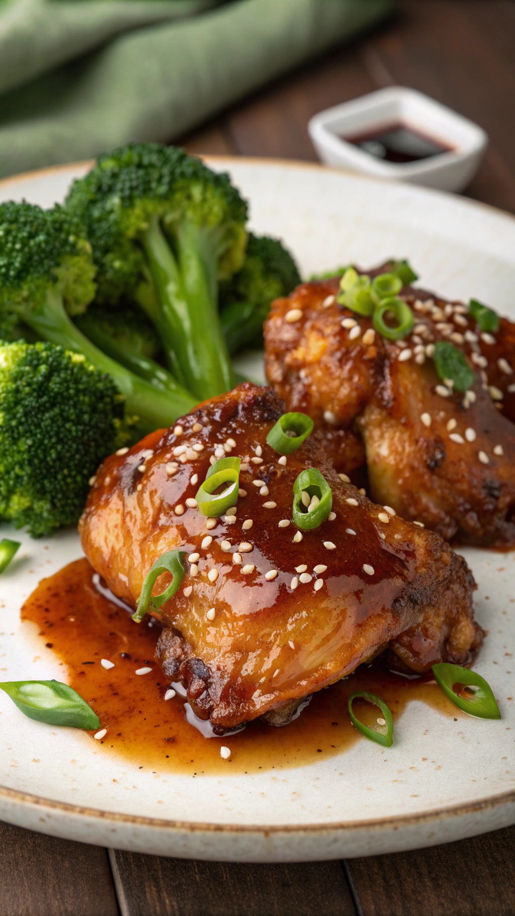Honey Garlic Chicken Thighs served with broccoli