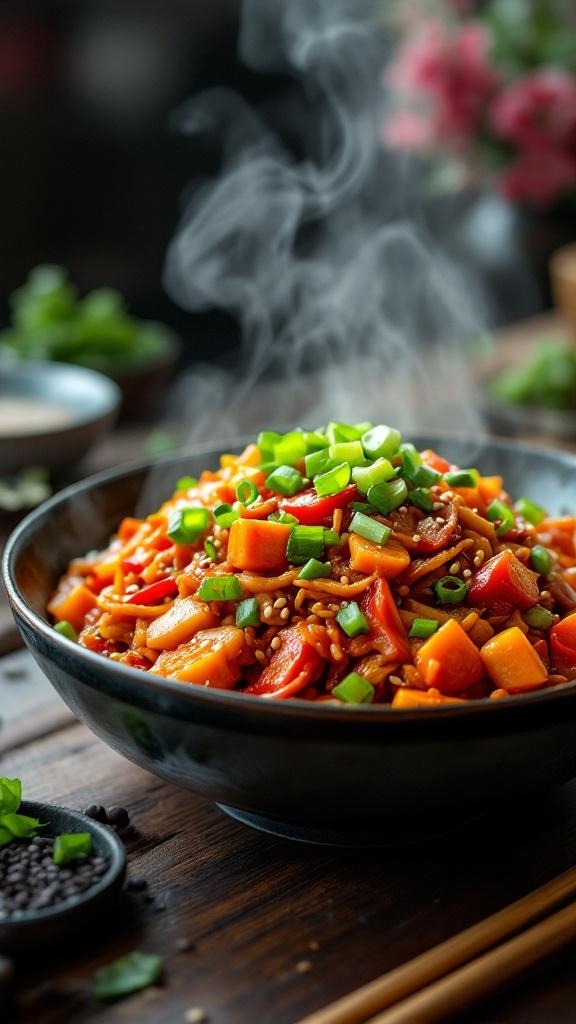 A bowl of spicy kimchi stir-fry with colorful vegetables and green onions on top.