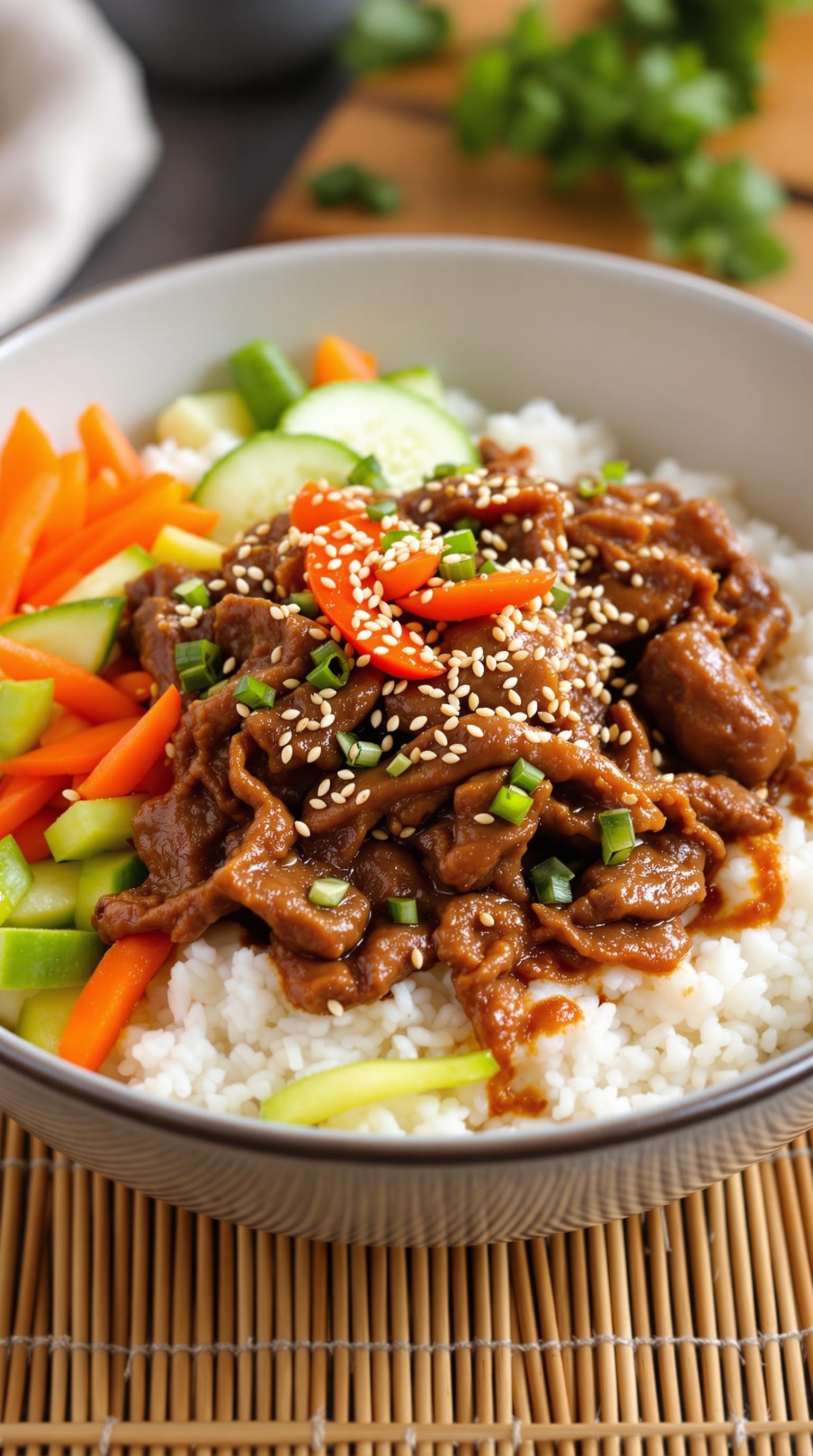 A bowl of spicy Korean beef with vegetables served over rice, garnished with sesame seeds and green onions.
