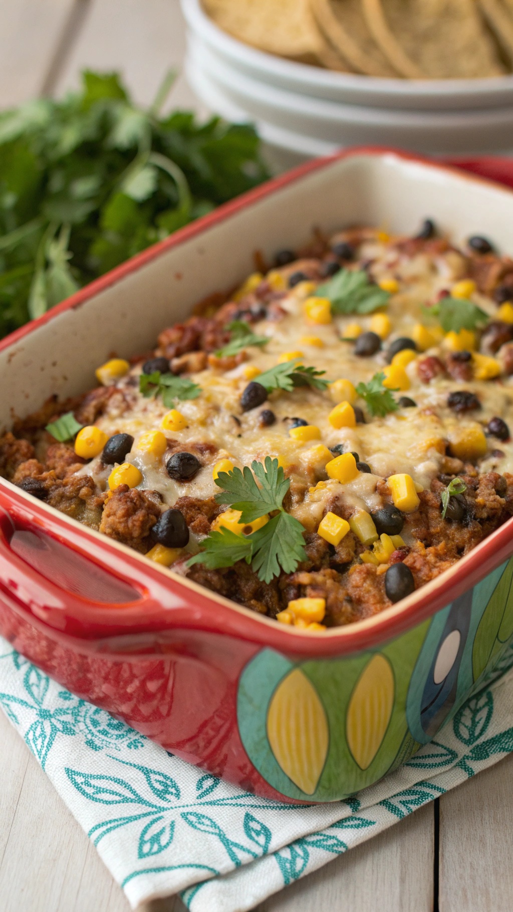 A colorful casserole dish filled with Spicy Mexican-Inspired Spaghetti Squash Casserole topped with cheese, corn, and cilantro.