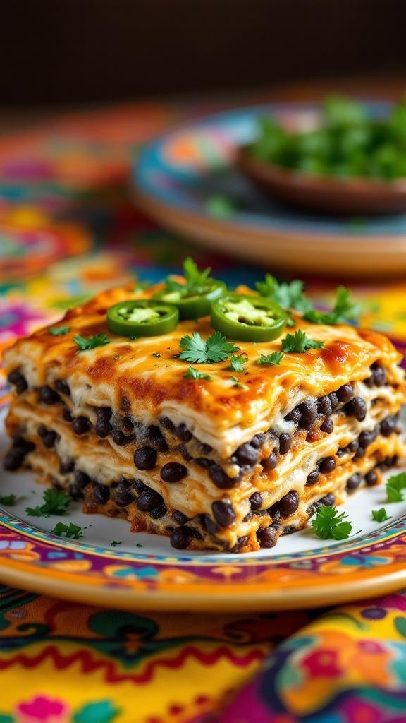 A colorful plate of spicy Mexican lasagna with layers of black beans, cheese, and garnished with jalapeños and cilantro.
