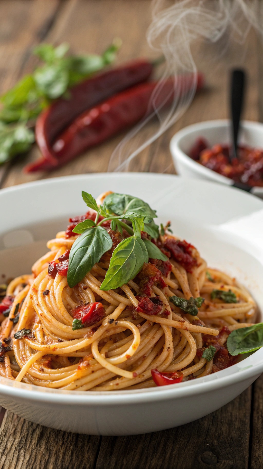 A bowl of spicy arrabbiata spaghetti topped with basil and sun-dried tomatoes, with steam rising.