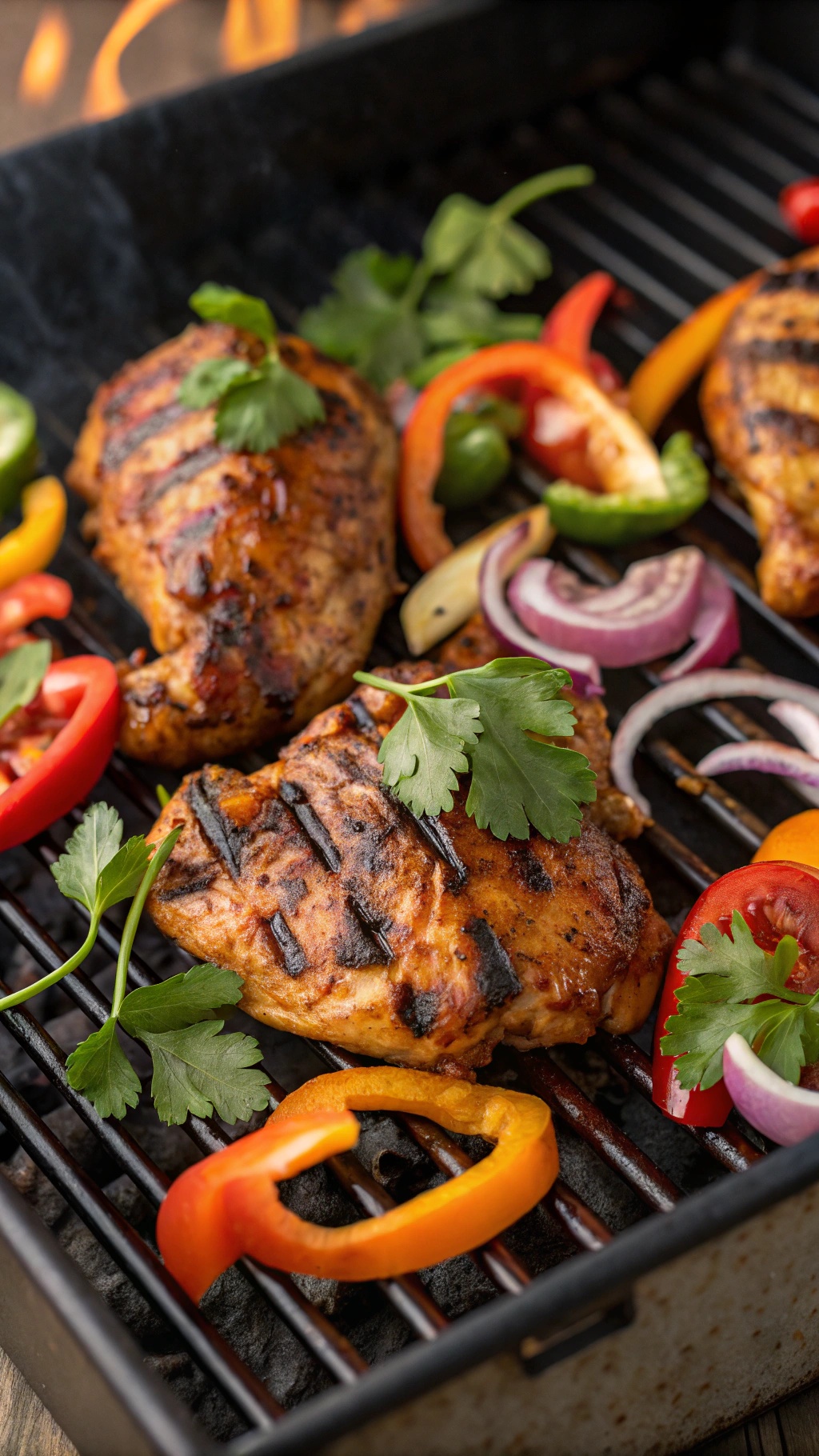 Grilled spicy peri-peri chicken thighs with colorful bell peppers and onions on a grill.