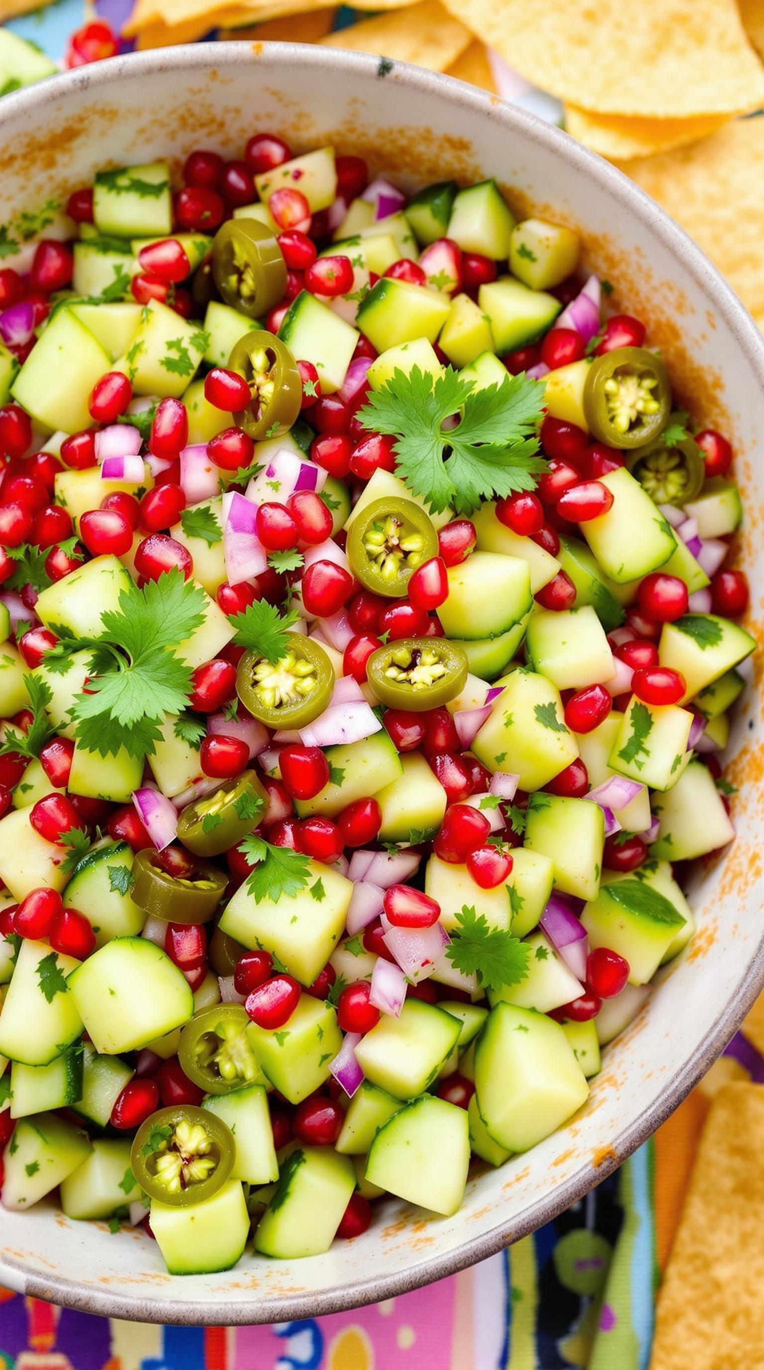 A colorful bowl of spicy pomegranate and cucumber salsa with fresh ingredients.