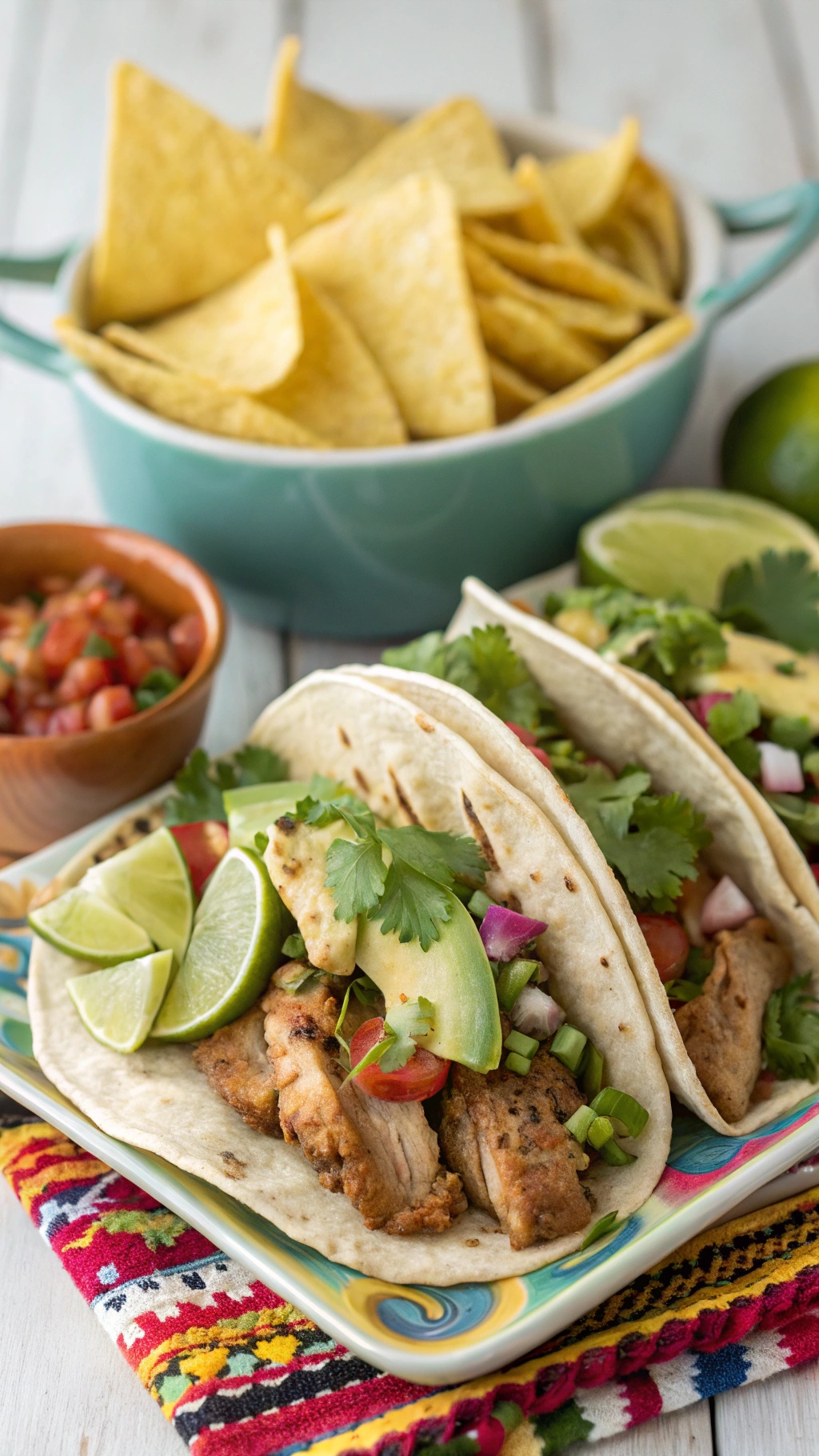 Spicy pork chop tacos with avocado salsa on a colorful plate, served with tortilla chips and lime.
