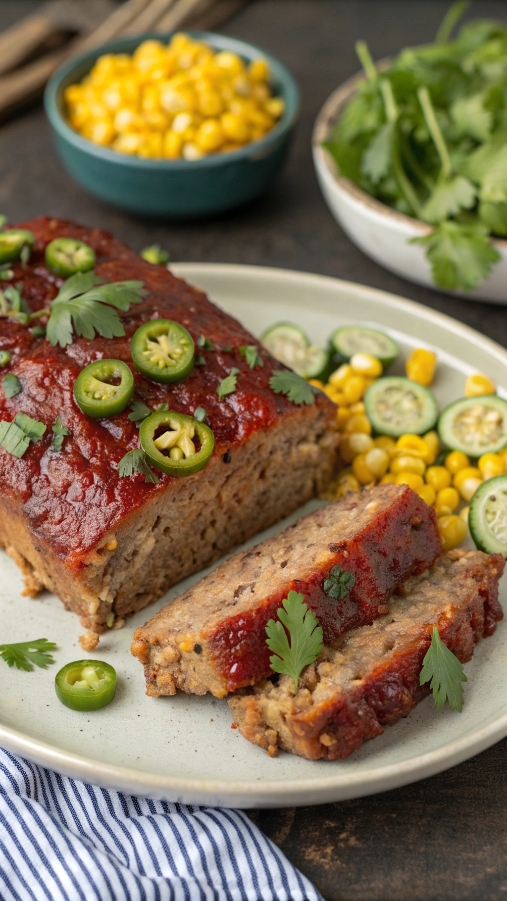 A spicy pork meatloaf topped with jalapeños, served with corn and fresh herbs.