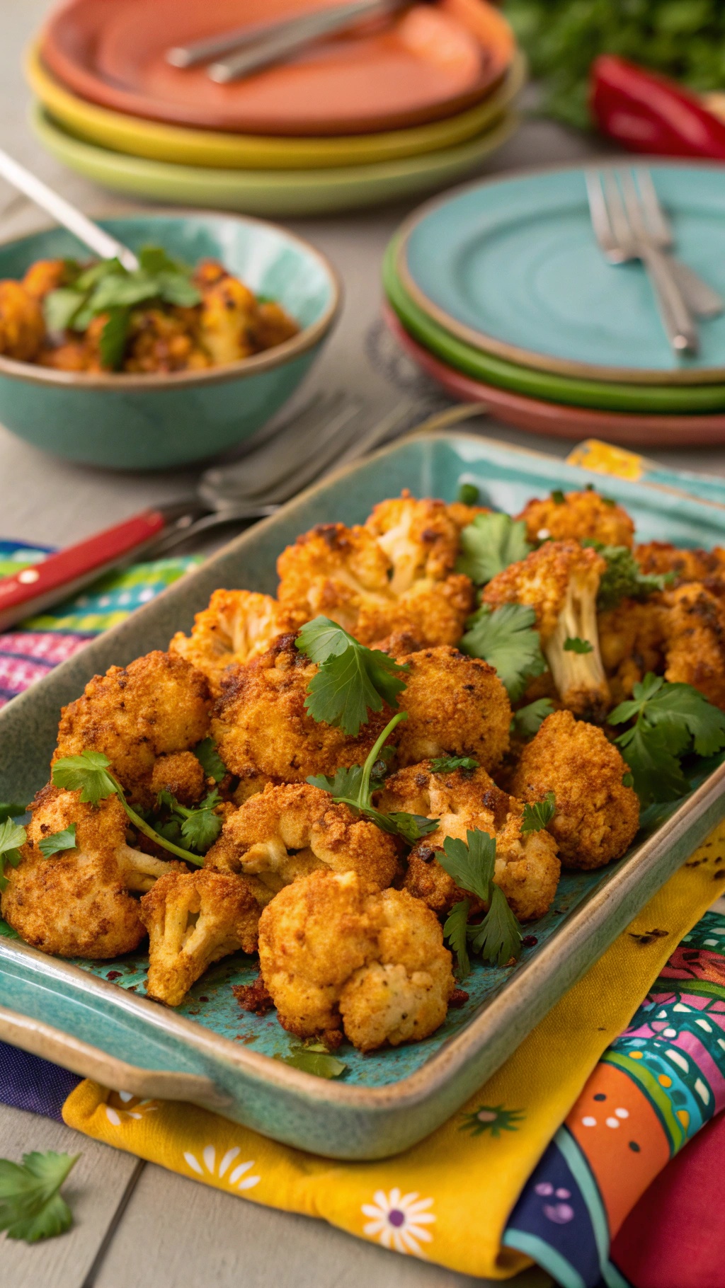 A plate of spicy roasted cauliflower bites garnished with cilantro, served with colorful plates in the background.