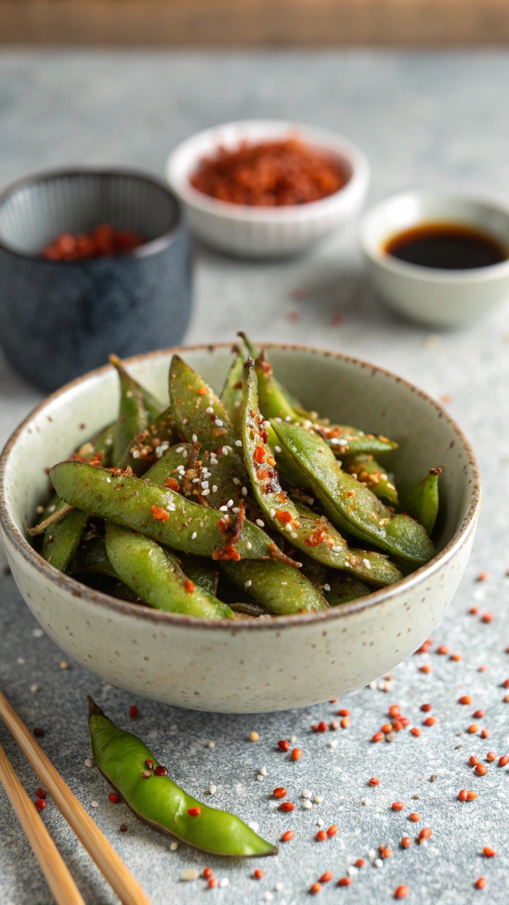 A bowl of spicy roasted edamame with sesame seeds, surrounded by spices and dipping sauces.