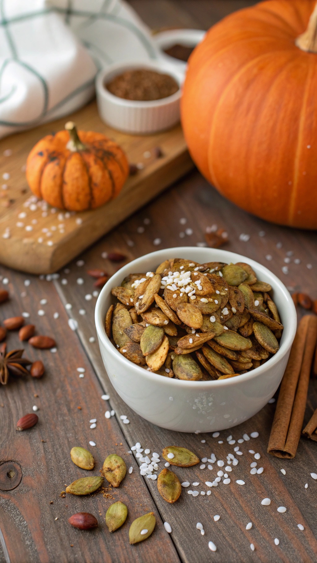 A bowl of spicy roasted pumpkin seeds with a pumpkin and cinnamon sticks in the background.