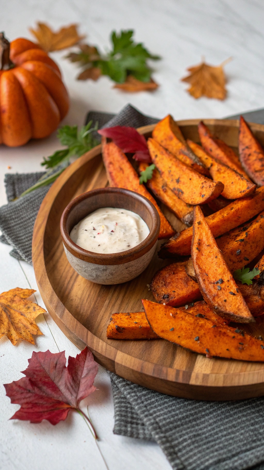 A wooden platter of spicy roasted sweet potato wedges with a dipping sauce, surrounded by autumn leaves and a small pumpkin.