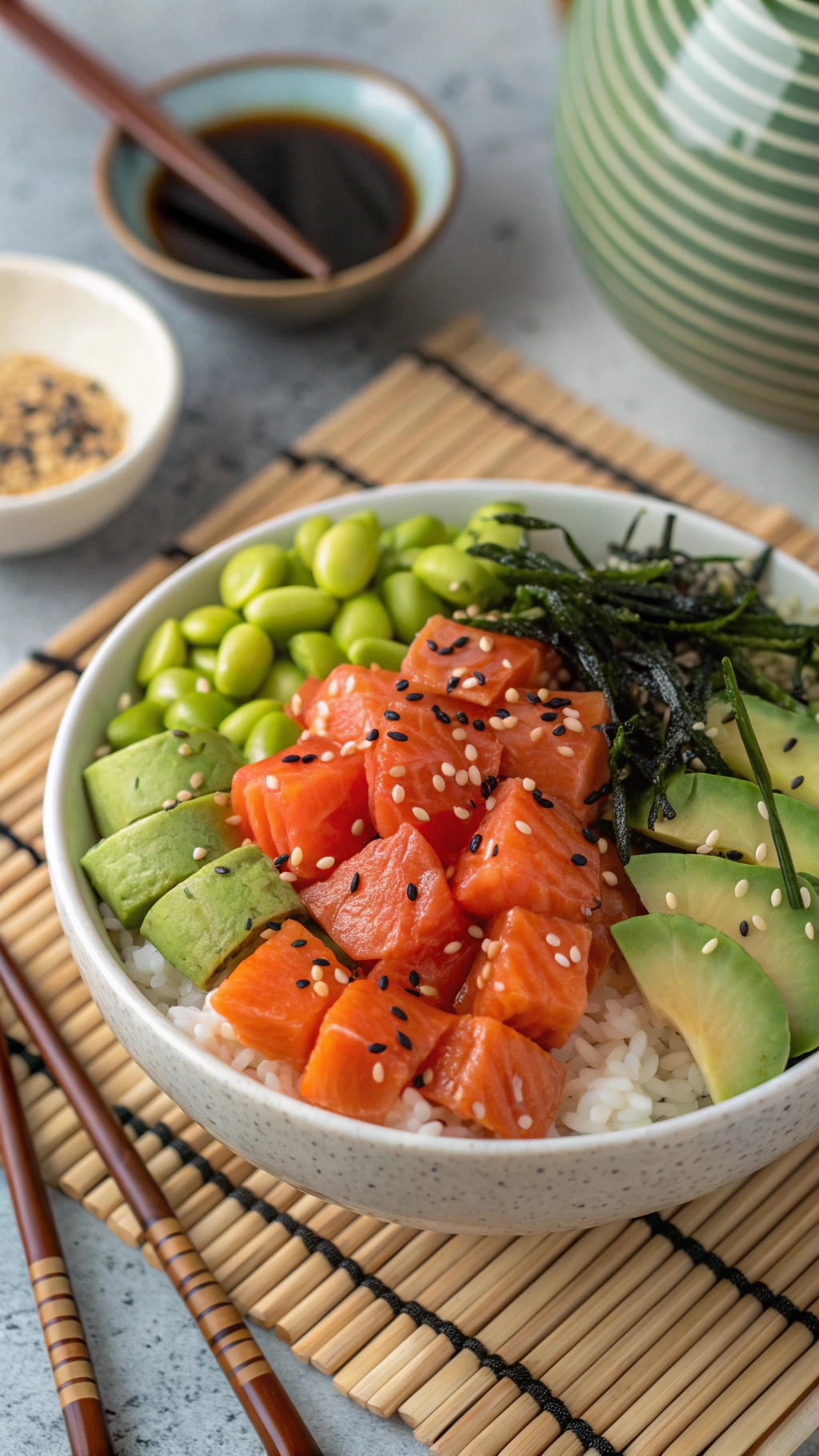 A delicious spicy salmon poke bowl with diced salmon, avocado, edamame, and sesame seeds.