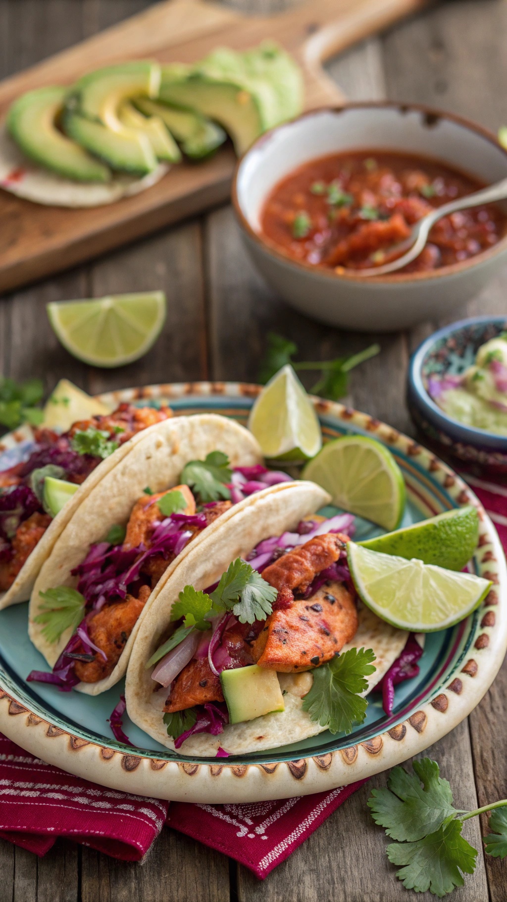 Spicy salmon tacos with cabbage slaw, avocado, and lime wedges on a colorful plate.