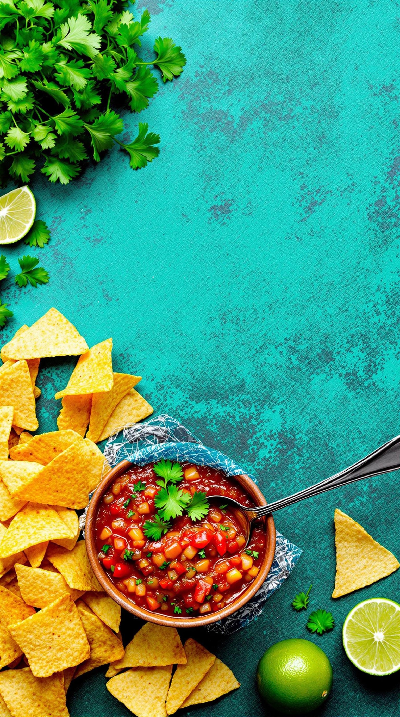 A bowl of spicy salsa with tortilla chips on a vibrant background