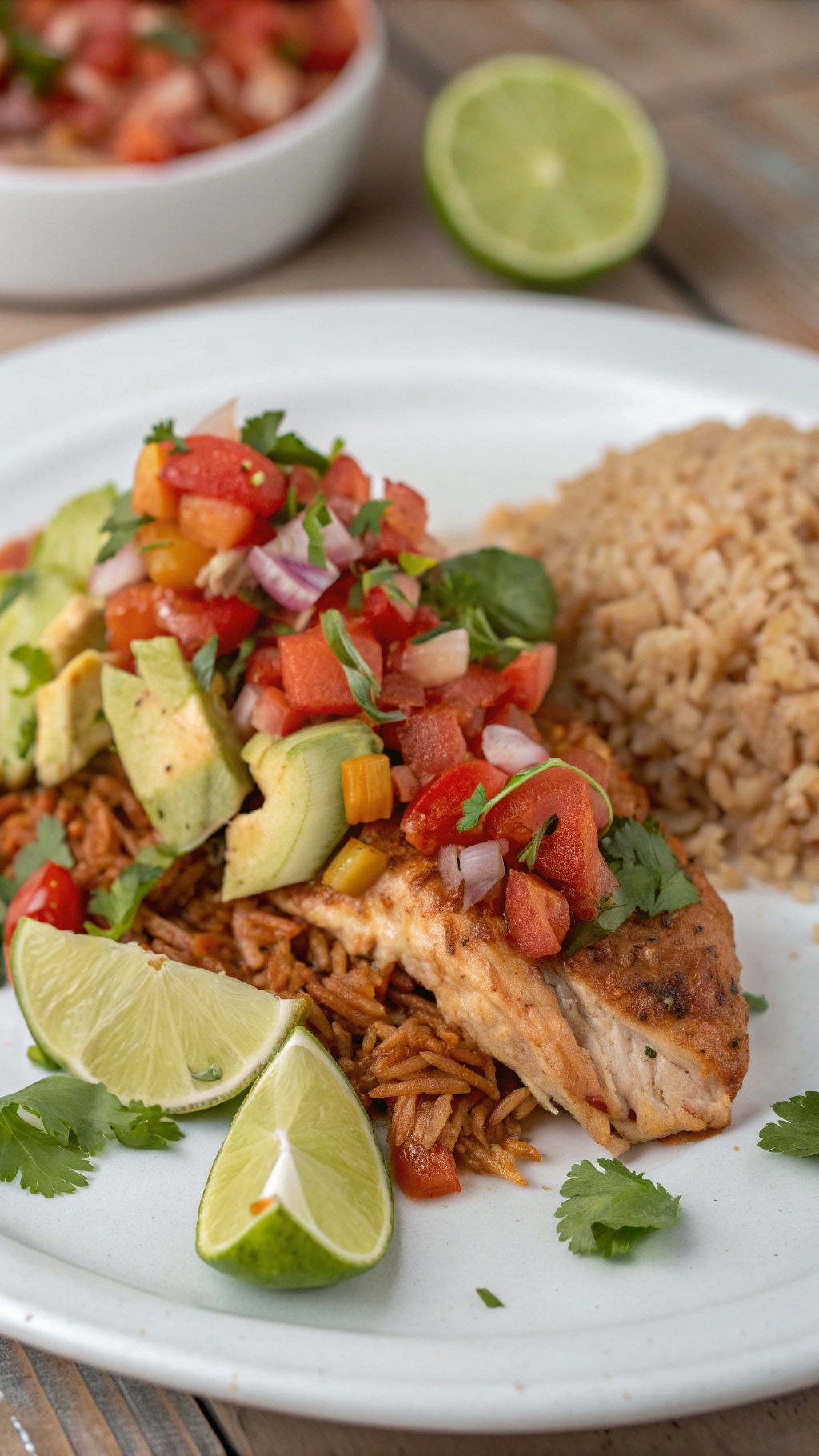A plate of spicy salsa chicken topped with fresh salsa, avocado, and lime, served with brown rice.
