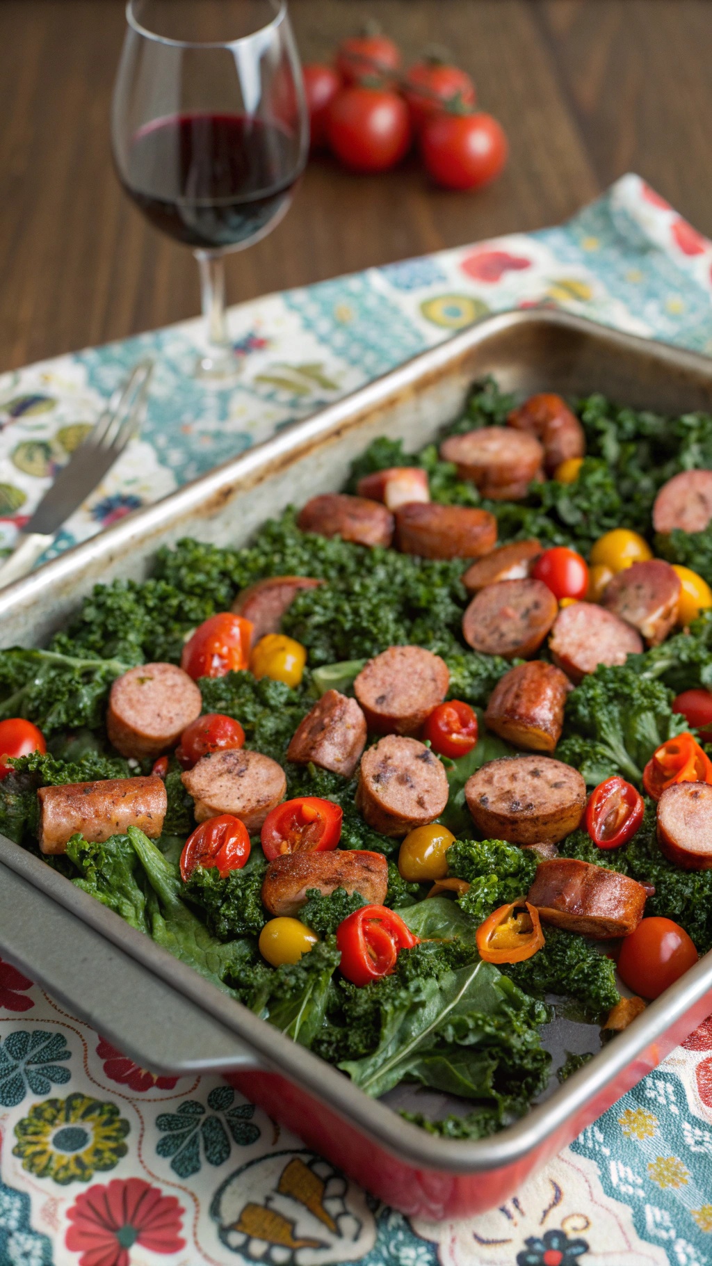 A sheet pan filled with spicy sausage, kale, and cherry tomatoes, accompanied by a glass of red wine.