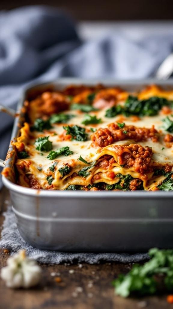 A delicious one-pan lasagna with layers of spicy sausage, kale, and melted cheese.