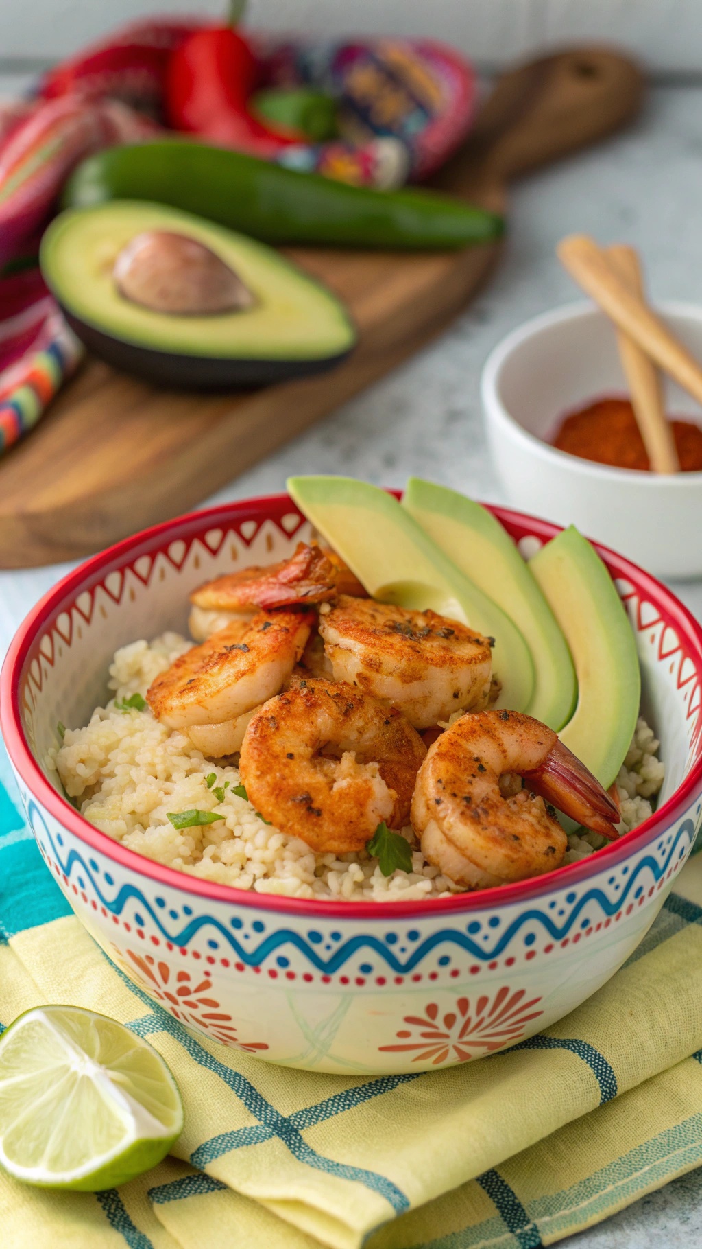 A colorful bowl of spicy shrimp and cauliflower rice topped with avocado slices and lime wedges.