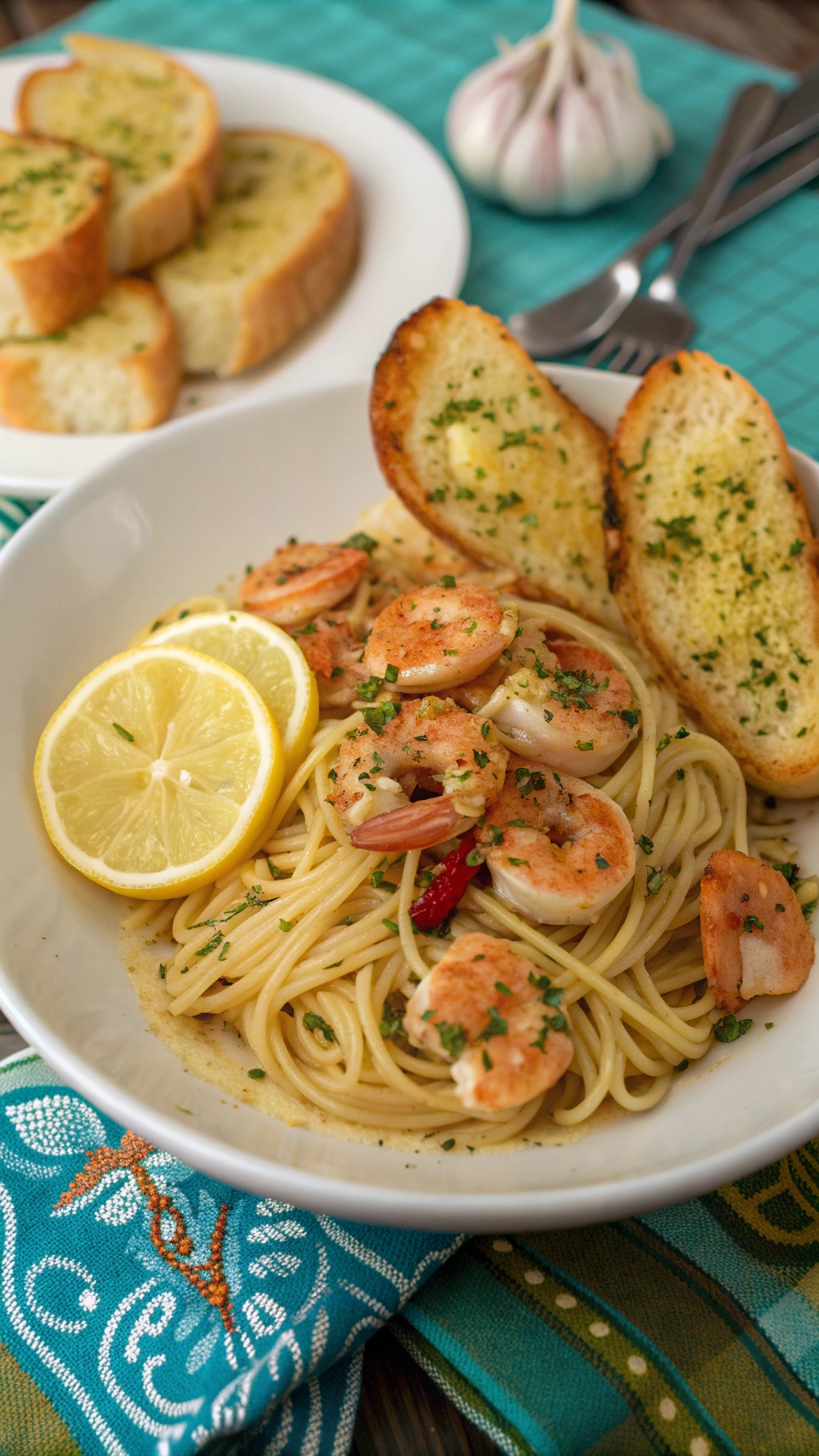 A bowl of spicy shrimp and gluten-free spaghetti garnished with lemon slices and parsley, alongside garlic bread.
