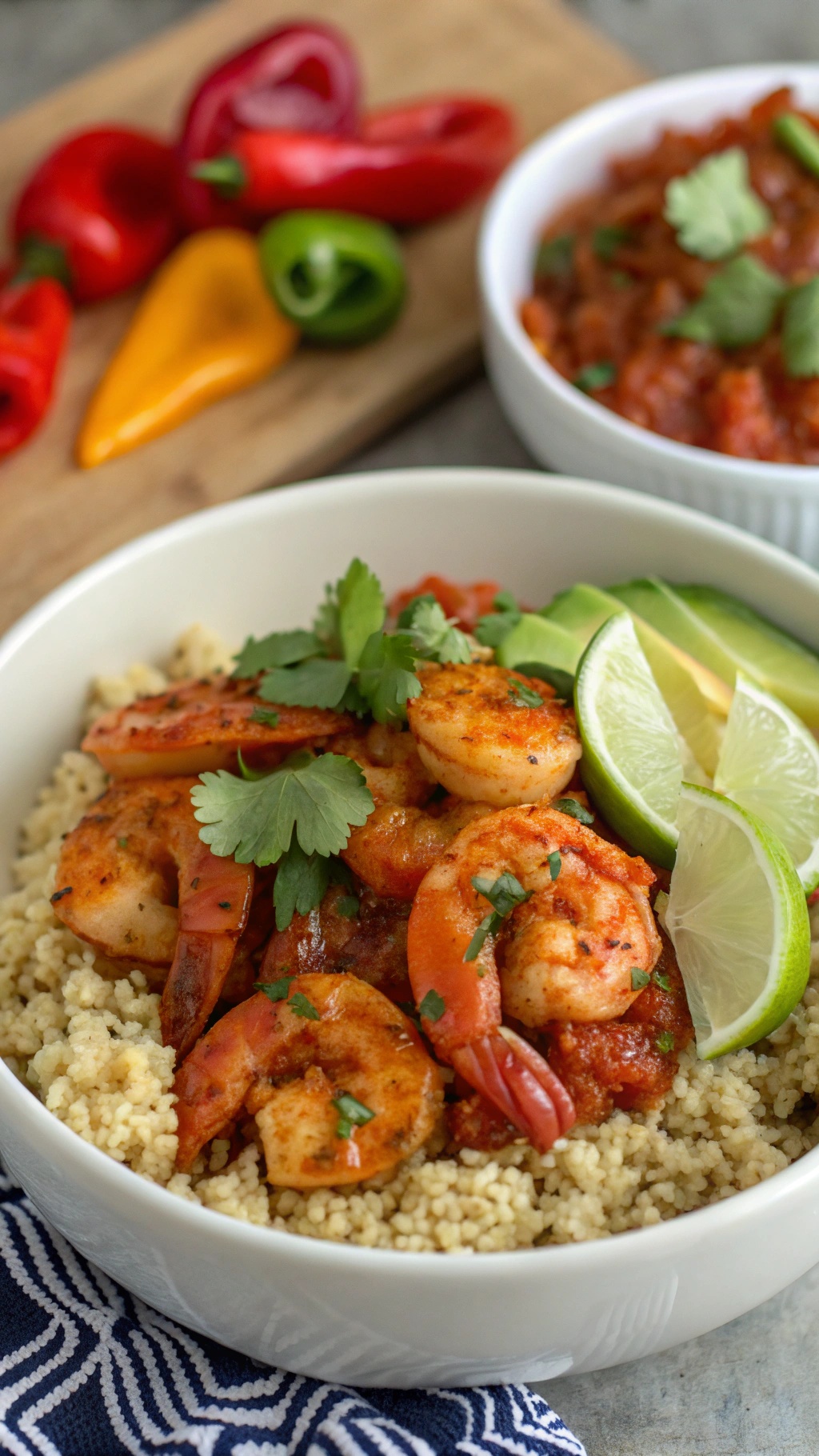 A delicious spicy shrimp and quinoa bowl with colorful vegetables and lime wedges.
