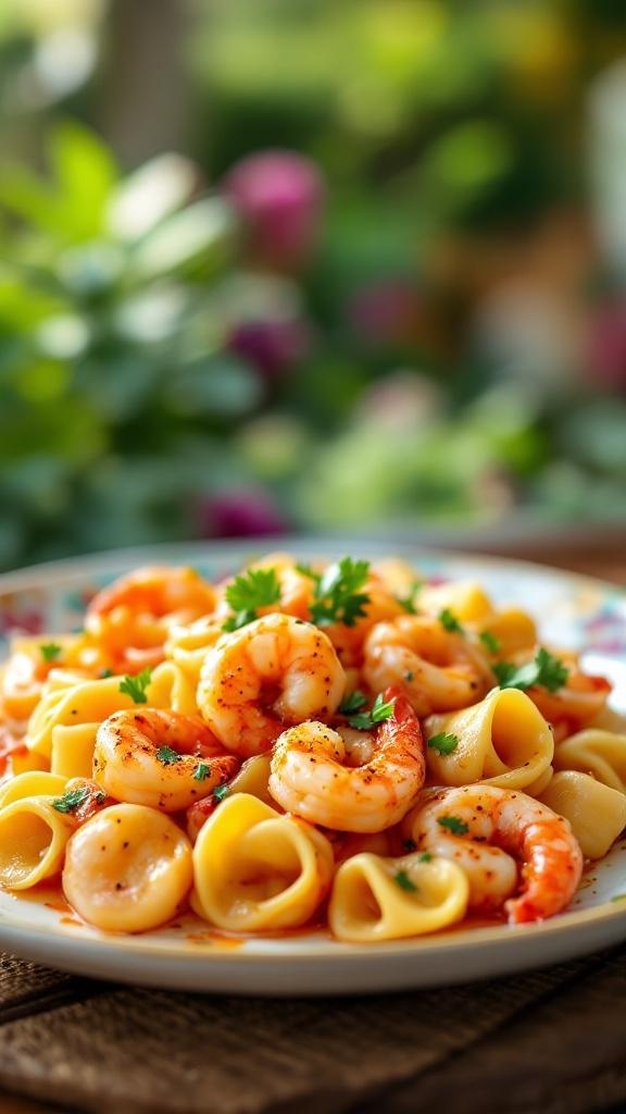 A plate of spicy shrimp and tortellini garnished with parsley, set against a blurred garden background.