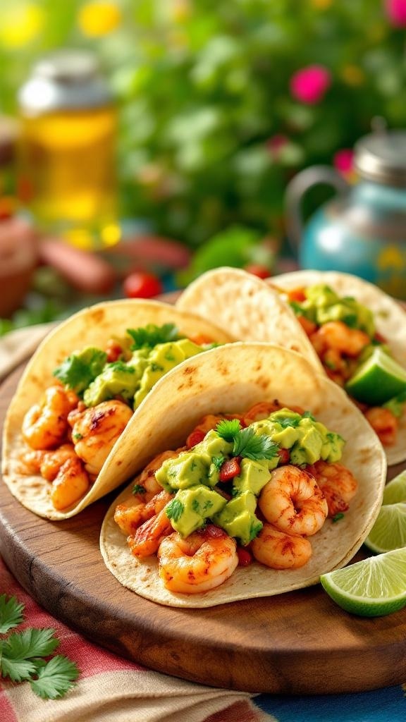 Spicy shrimp tacos with avocado salsa on a wooden platter, garnished with lime and cilantro.
