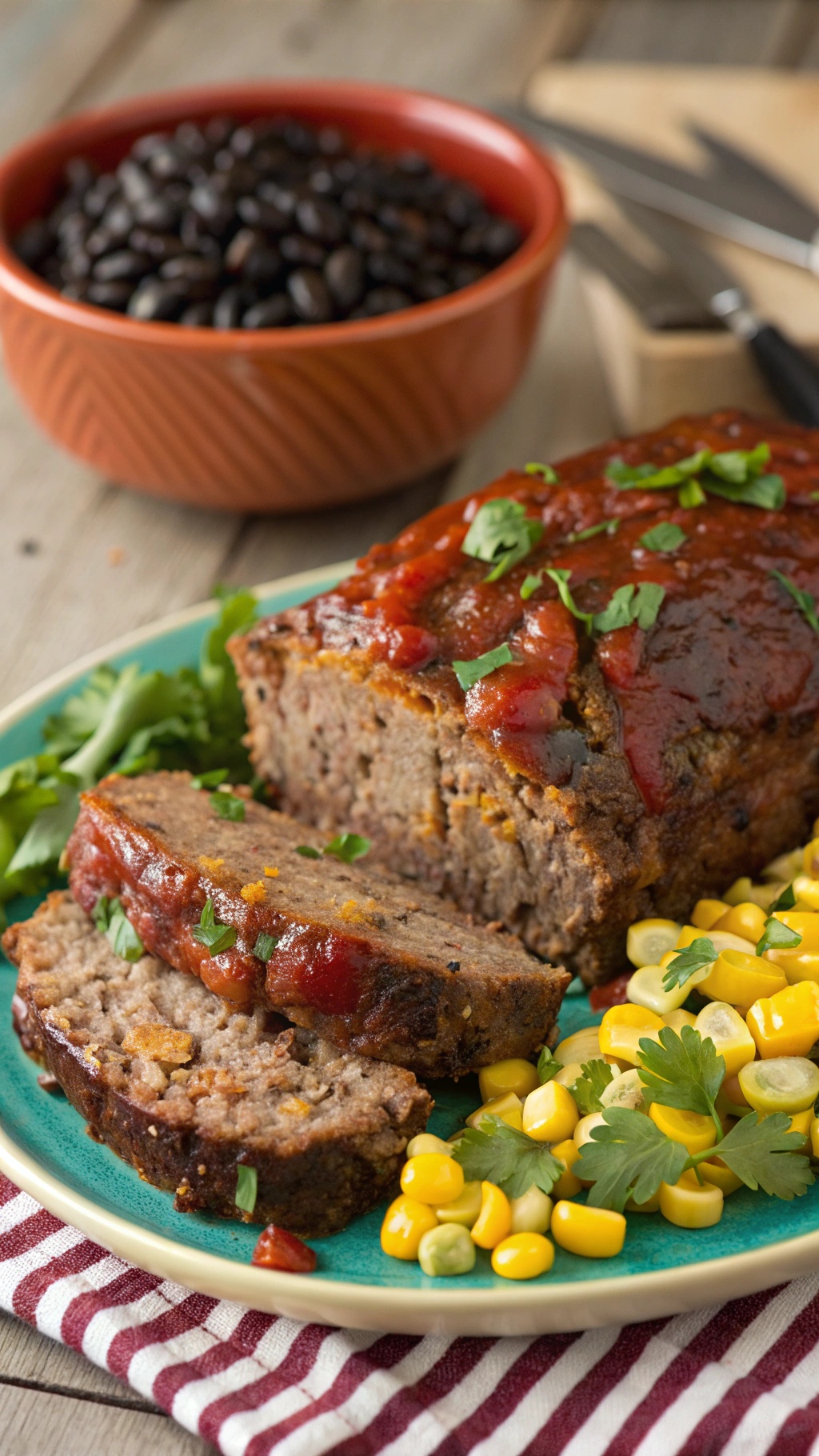 Spicy Southwest Beef Meatloaf with Chipotle served with corn and black beans.