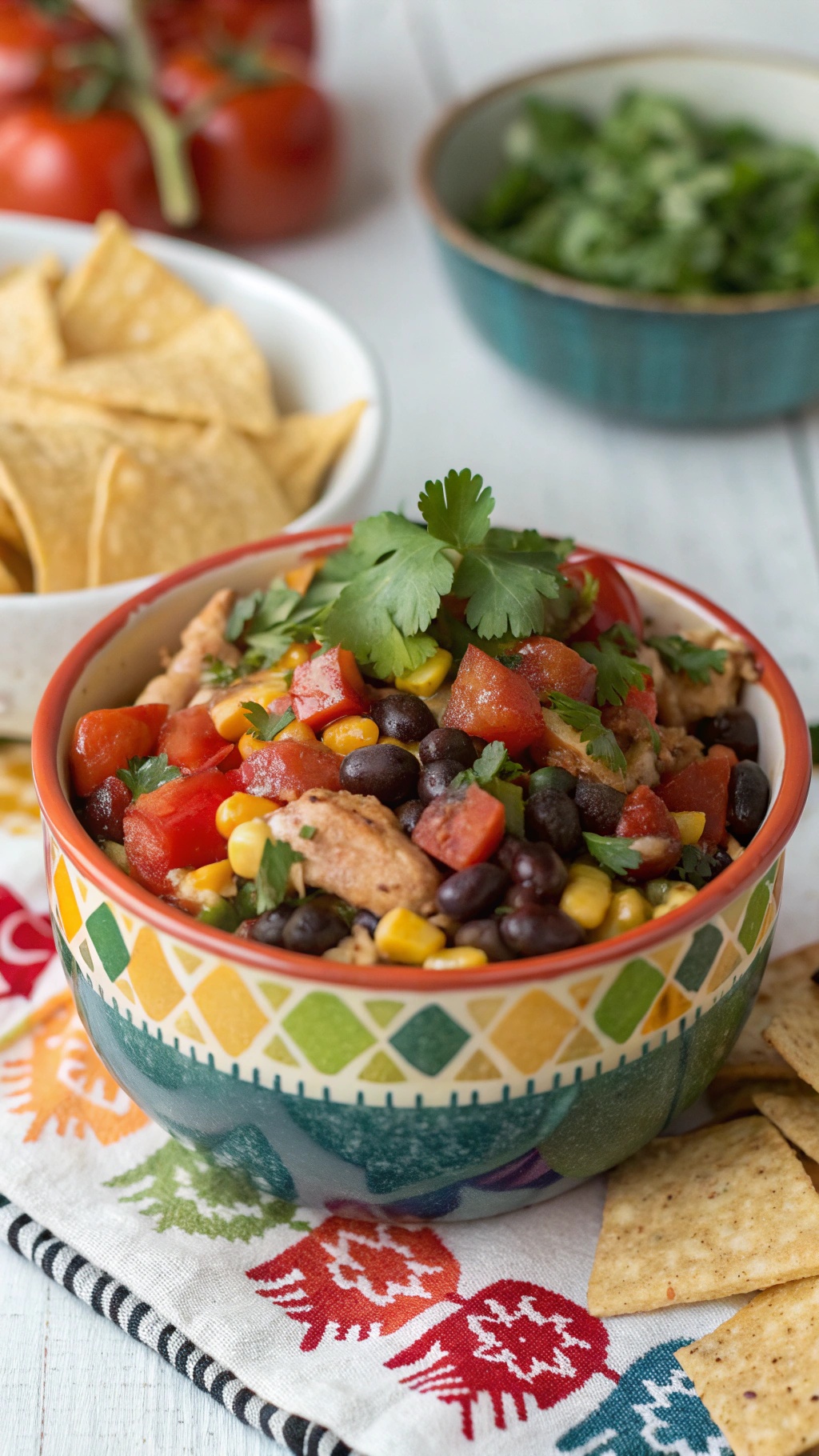 A colorful bowl of Spicy Southwest Chicken Fiesta with black beans, corn, tomatoes, and cilantro, served with tortilla chips.