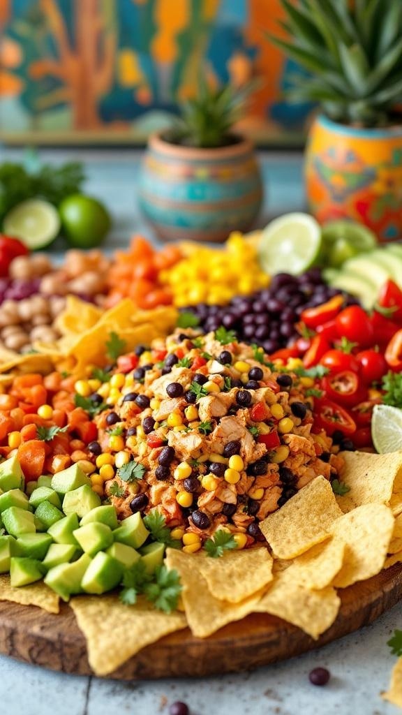 A colorful platter featuring spicy southwest chicken salad, surrounded by fresh vegetables and tortilla chips.