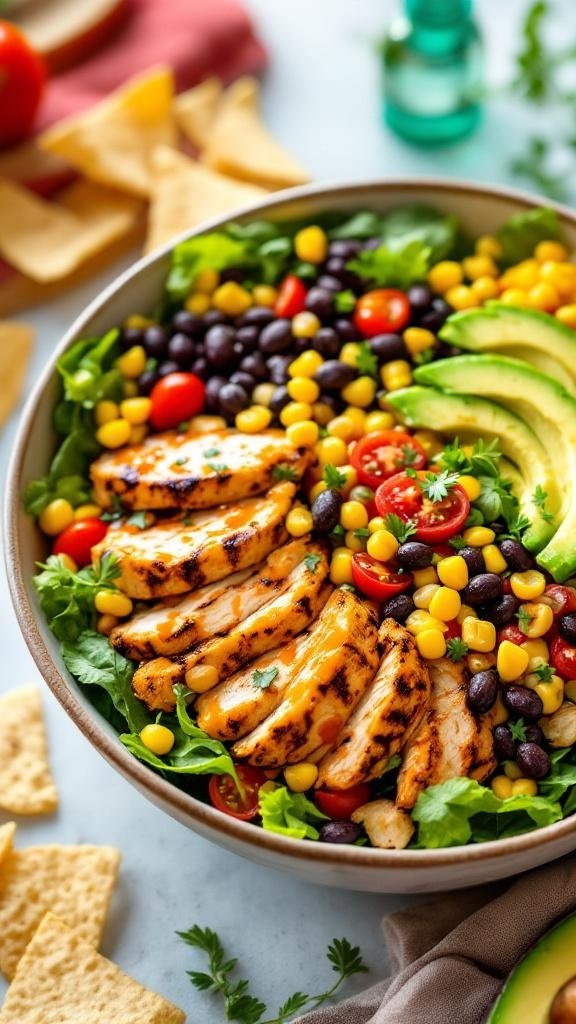 A colorful bowl of Spicy Southwest Chicken Salad with grilled chicken, black beans, corn, cherry tomatoes, and avocado.