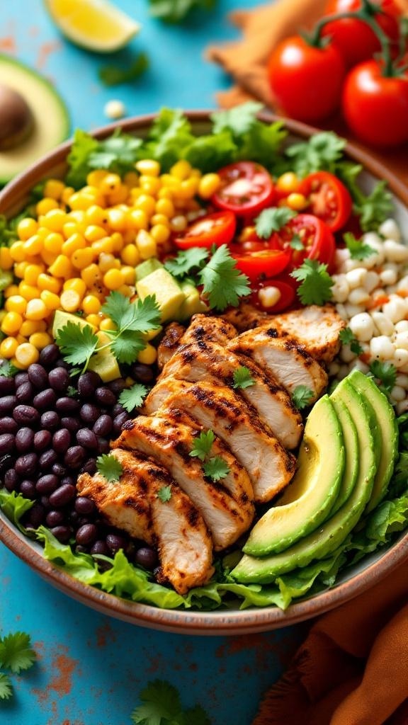 A colorful bowl of Spicy Southwest Chicken Salad with grilled chicken, avocado, corn, tomatoes, and black beans.