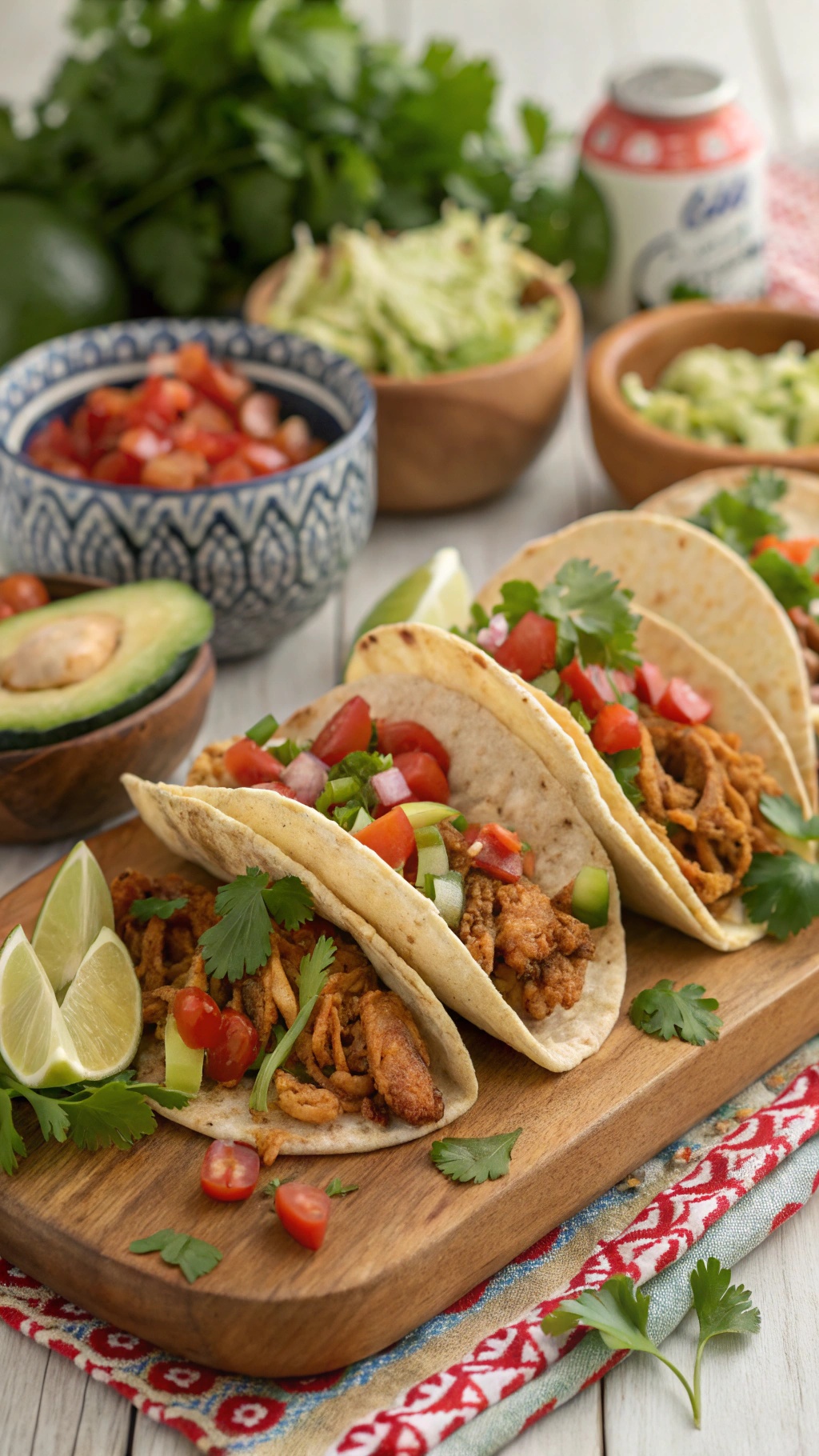 Tacos filled with spicy shredded chicken, topped with tomatoes and cilantro, served with lime wedges.
