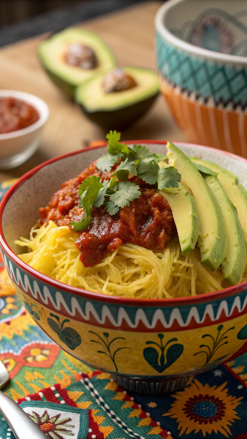 A bowl of spicy spaghetti squash topped with chipotle sauce, avocado slices, and cilantro.