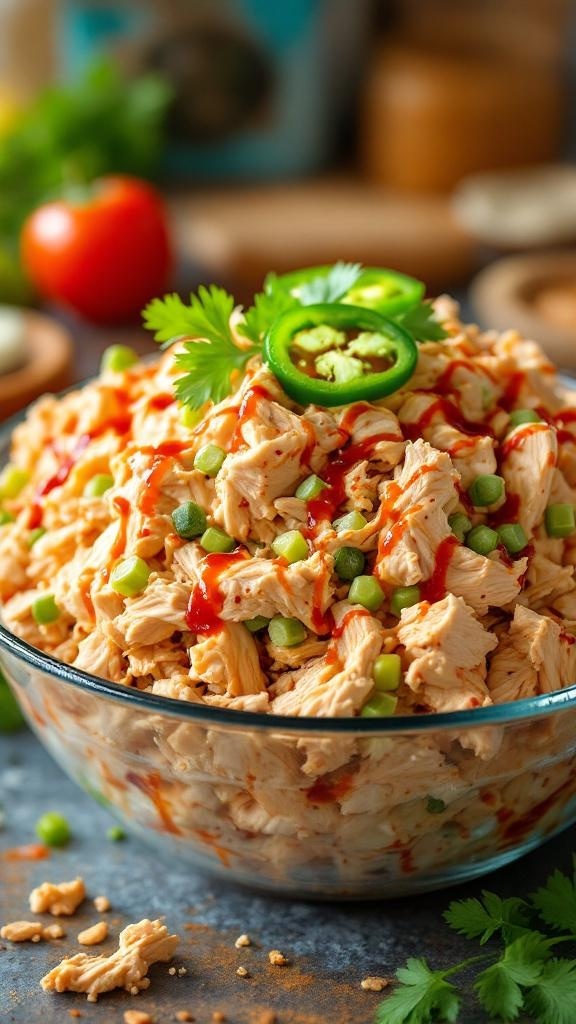 A bowl of spicy Sriracha chicken salad topped with green onions and Sriracha sauce.