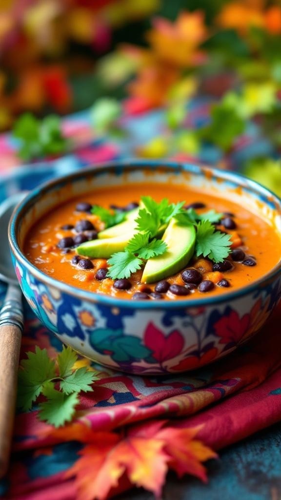 A colorful bowl of spicy sweet potato and black bean soup garnished with cilantro and avocado.