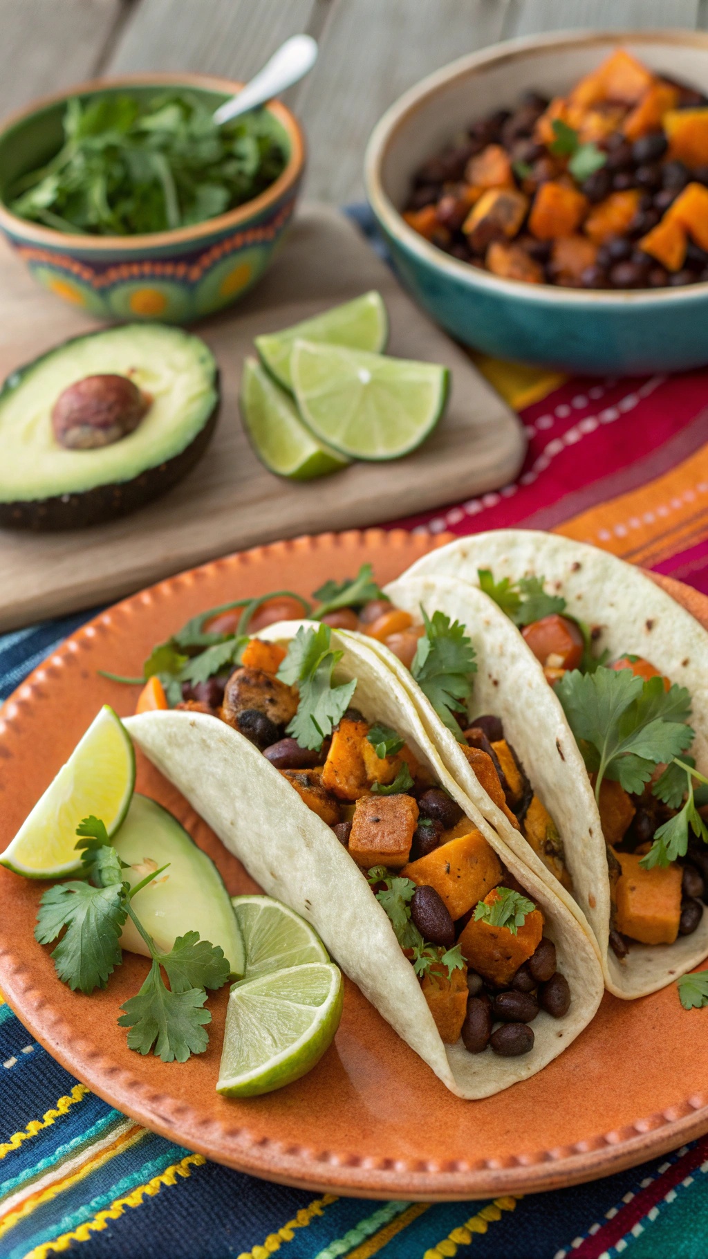 Spicy sweet potato and black bean tacos served with lime and cilantro