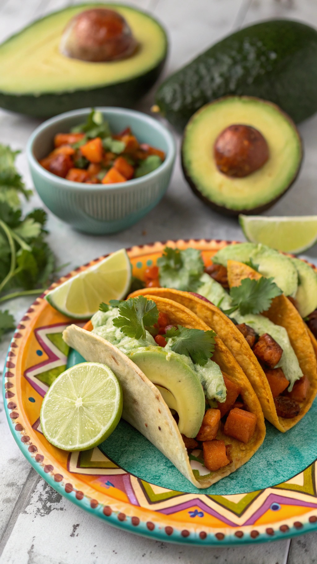 Spicy sweet potato tacos topped with avocado crema, cilantro, and lime wedges on a colorful plate.
